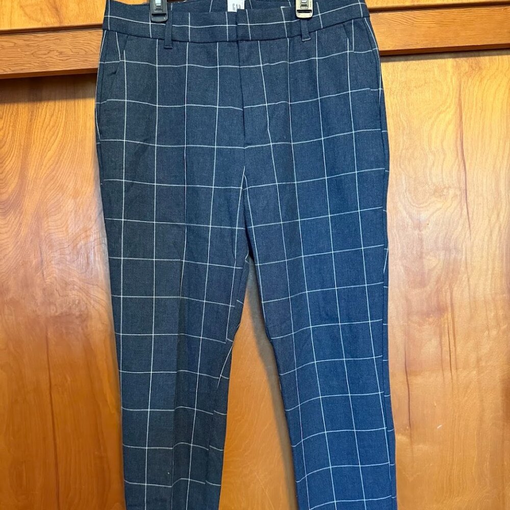 Navy Blue Windowpane Check Ankle Pants